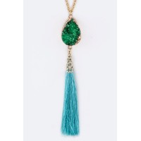Lioni Emerald Druzy Stone Pendant & Tassel Long Necklace Set